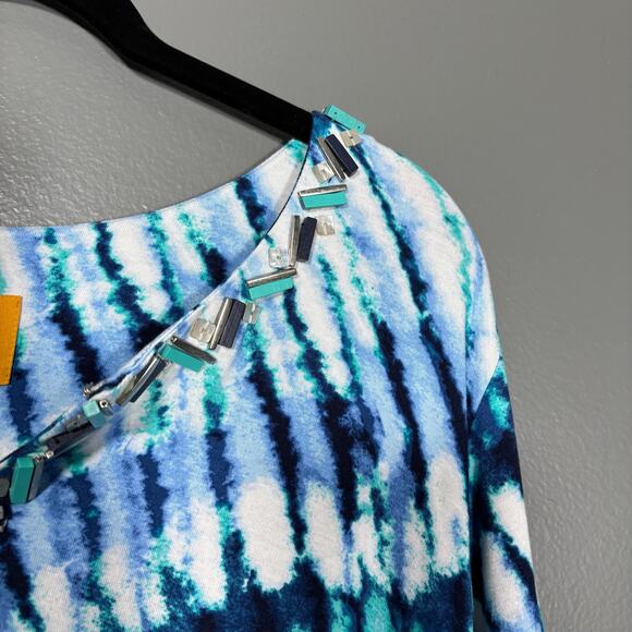 Ruby Rd. Boho Blue Tie Dye Beaded Neck Top - Size 1X - Women's Plus Size Tunic - Picture 2 of 6